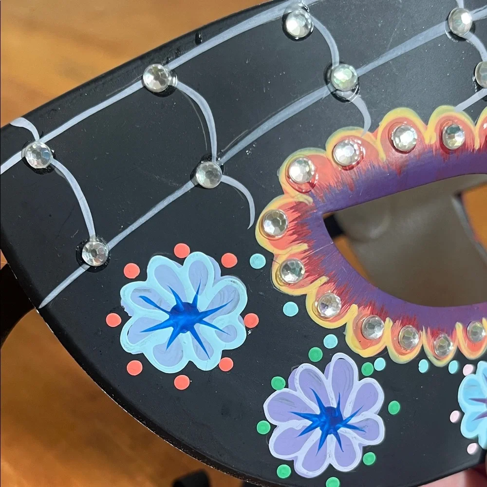 Hand-Painted Black Floral Masquerade Mask with Rhinestones